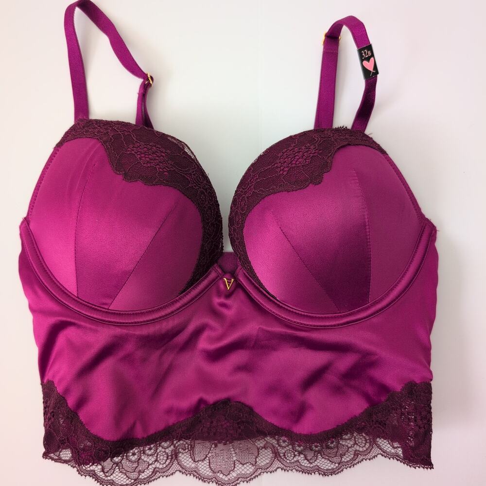 NWT Victoria's Secret Bombshell Plunge Longline Bra 32B Satin Pink Lace Lingerie